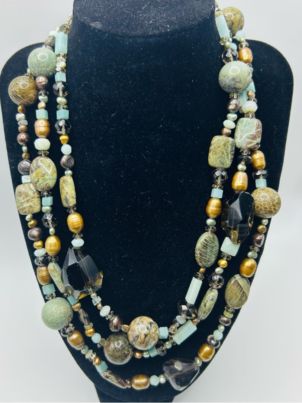 Layered Serpentine “New Jade” &Glass Statement Earth Tone Multi Strand Necklace